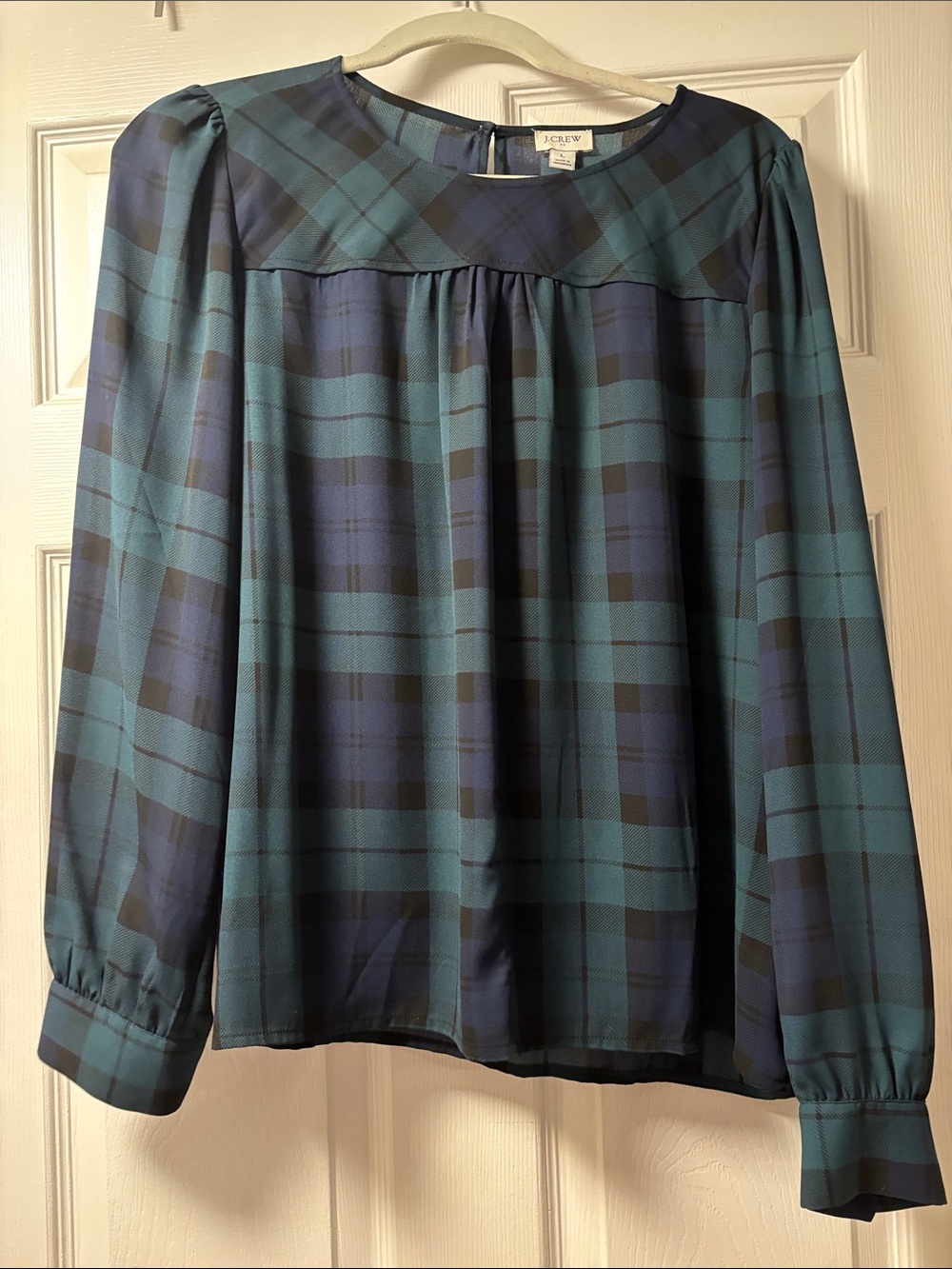 J. Crew Green and Navy Plaid Long-Sleeve Blouse